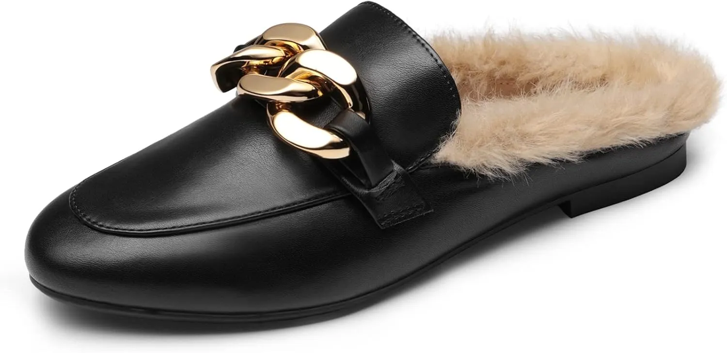 DREAM PAIRS Mules for Women Flats Shoes Comfortable Slip on Closed Toe Slides Loafers with Chain Backless Womens Mules