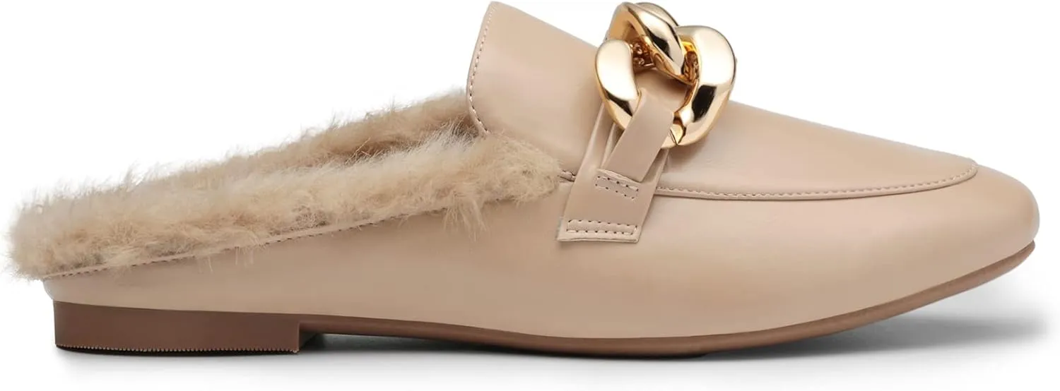 DREAM PAIRS Mules for Women Flats Shoes Comfortable Slip on Closed Toe Slides Loafers with Chain Backless Womens Mules