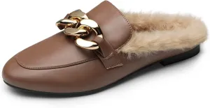 DREAM PAIRS Mules for Women Flats Shoes Comfortable Slip on Closed Toe Slides Loafers with Chain Backless Womens Mules