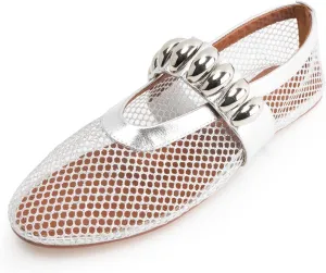 DREAMCIA Mesh Ballet Flats Rhinestone Buckle Strap Embellished Ballerina Shoes Fishnet Mary Jane Flats Metallic Gem Slip-on Round Toe for Women Comfy Casual Office Daily Shoes Silver 9.5