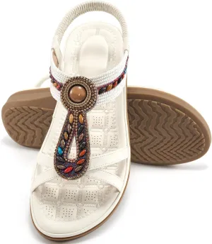 Ecetana Flat Sandals for Women 2025 Dressy Summer Boho Strappy Sandals Comfortable Slip on Beach Walking Shoes