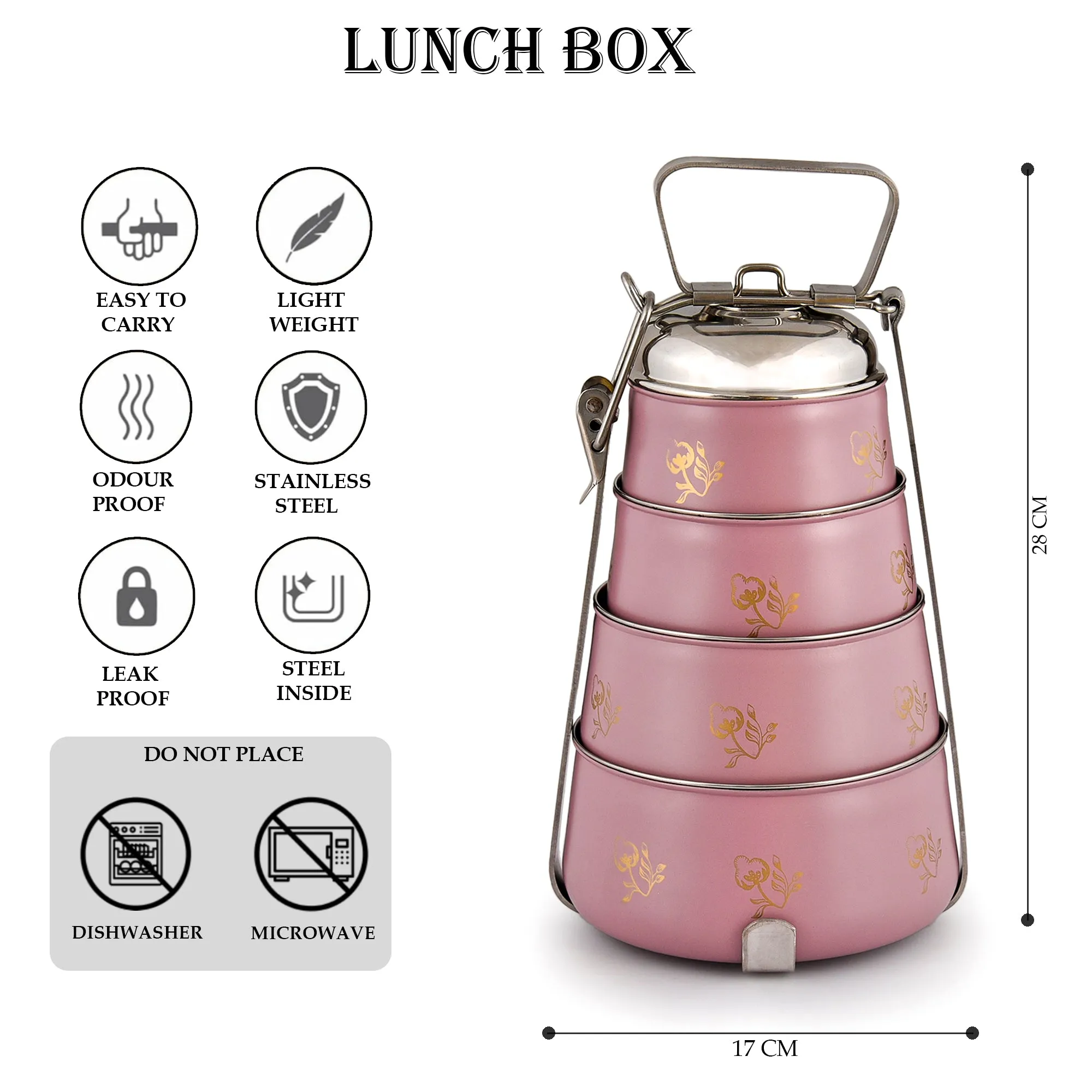 ELAN Stainless Steel 4 Tier Lunch Box,  (Mauve, 1470 ml)