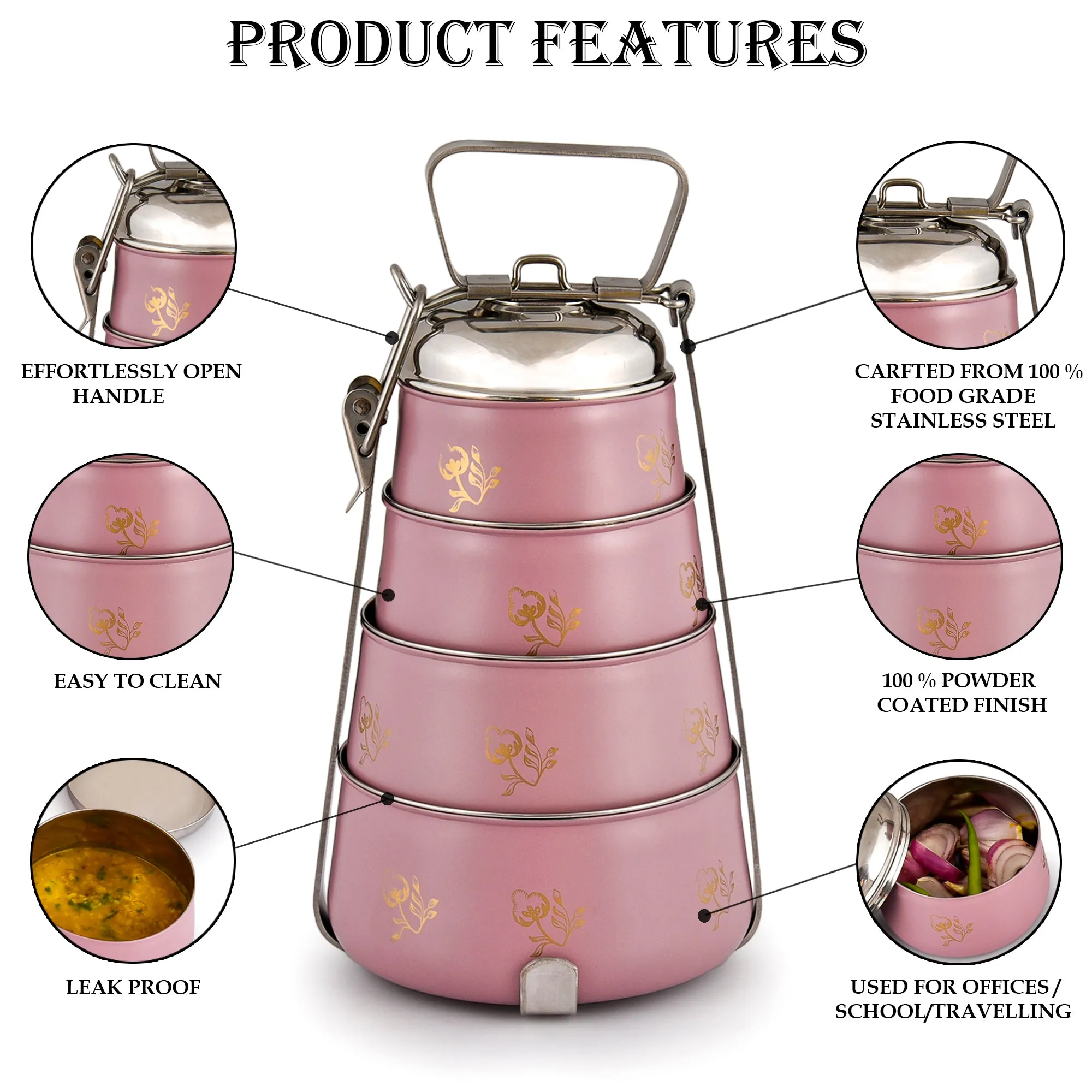 ELAN Stainless Steel 4 Tier Lunch Box,  (Mauve, 1470 ml)
