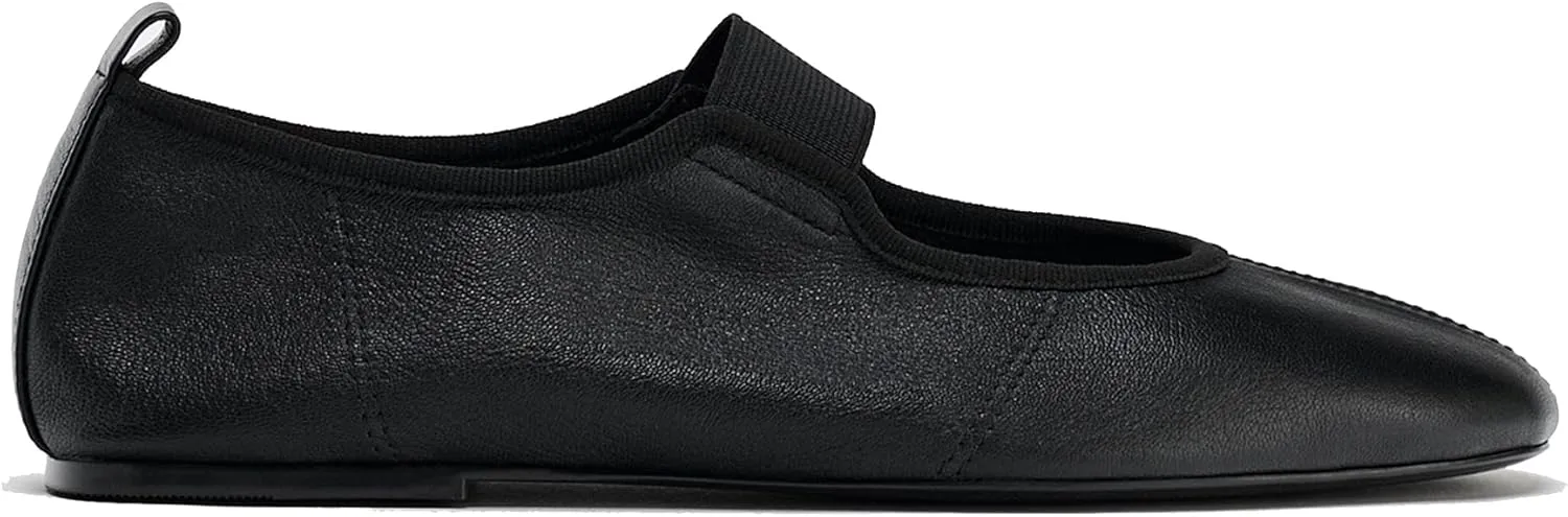 Elastic Strap Leather Ballet Flats for Women Round Toe Ballerina Shoes Comfortable Casual Mary Jane Flat Shoe