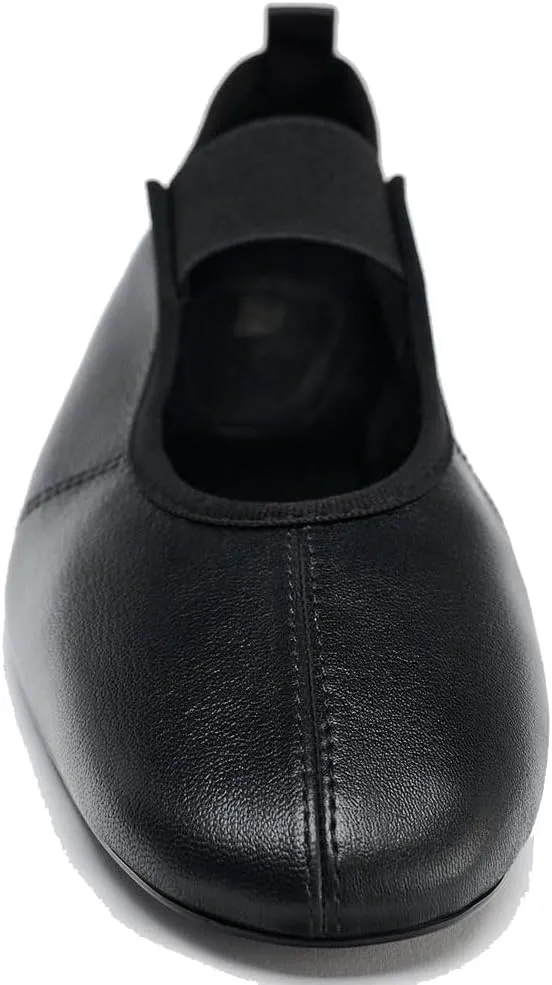 Elastic Strap Leather Ballet Flats for Women Round Toe Ballerina Shoes Comfortable Casual Mary Jane Flat Shoe