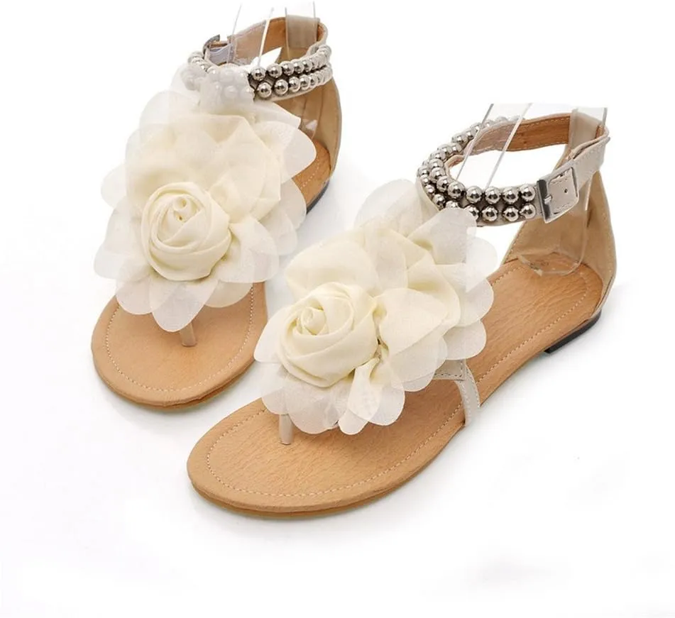 ELFY Women Flat Heel Flip-flop Sandals Flower Beaded Summer Flats