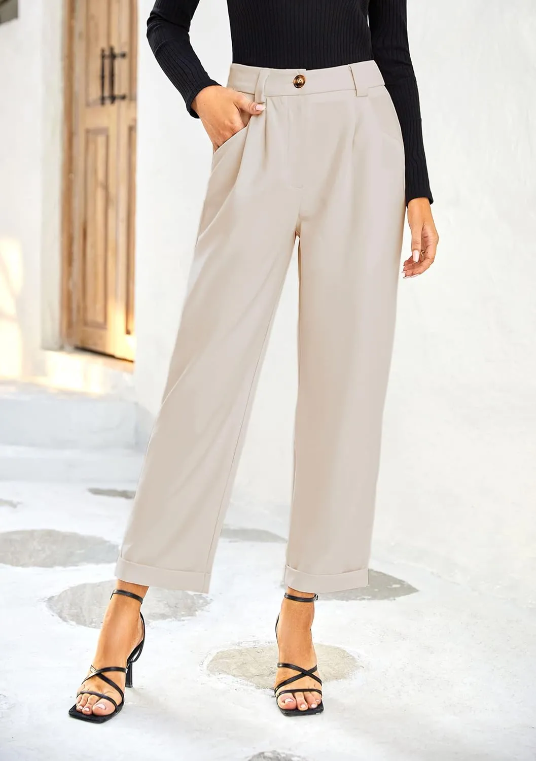 Febriajuce Women's Dress Pants Lightweight High Waist Straight Leg Office Work Pants Casual Travel Trousers with Pockets