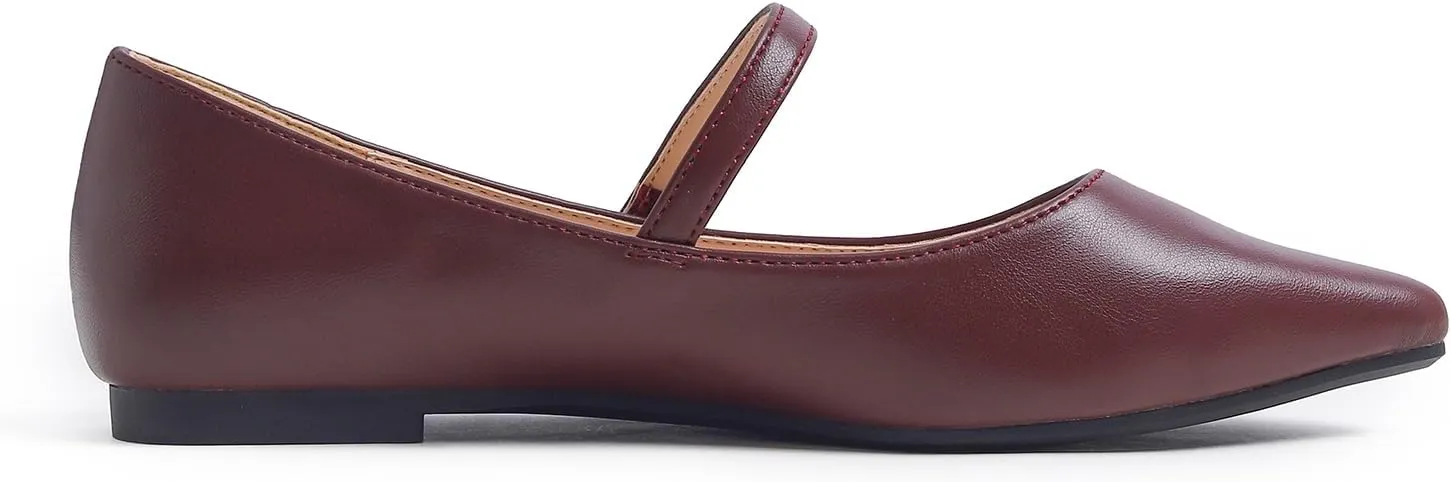 FEVERSOLE Women's Pointed Mary Jane Shoes Fashion Strap Buckle Slip On Flats