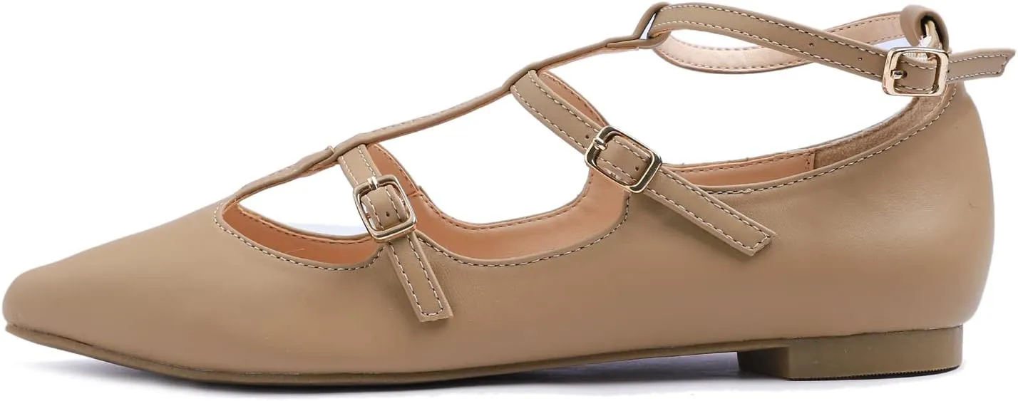 FEVERSOLE Women's Pointed Mary Jane Shoes Fashion Strap Buckle Slip On Flats