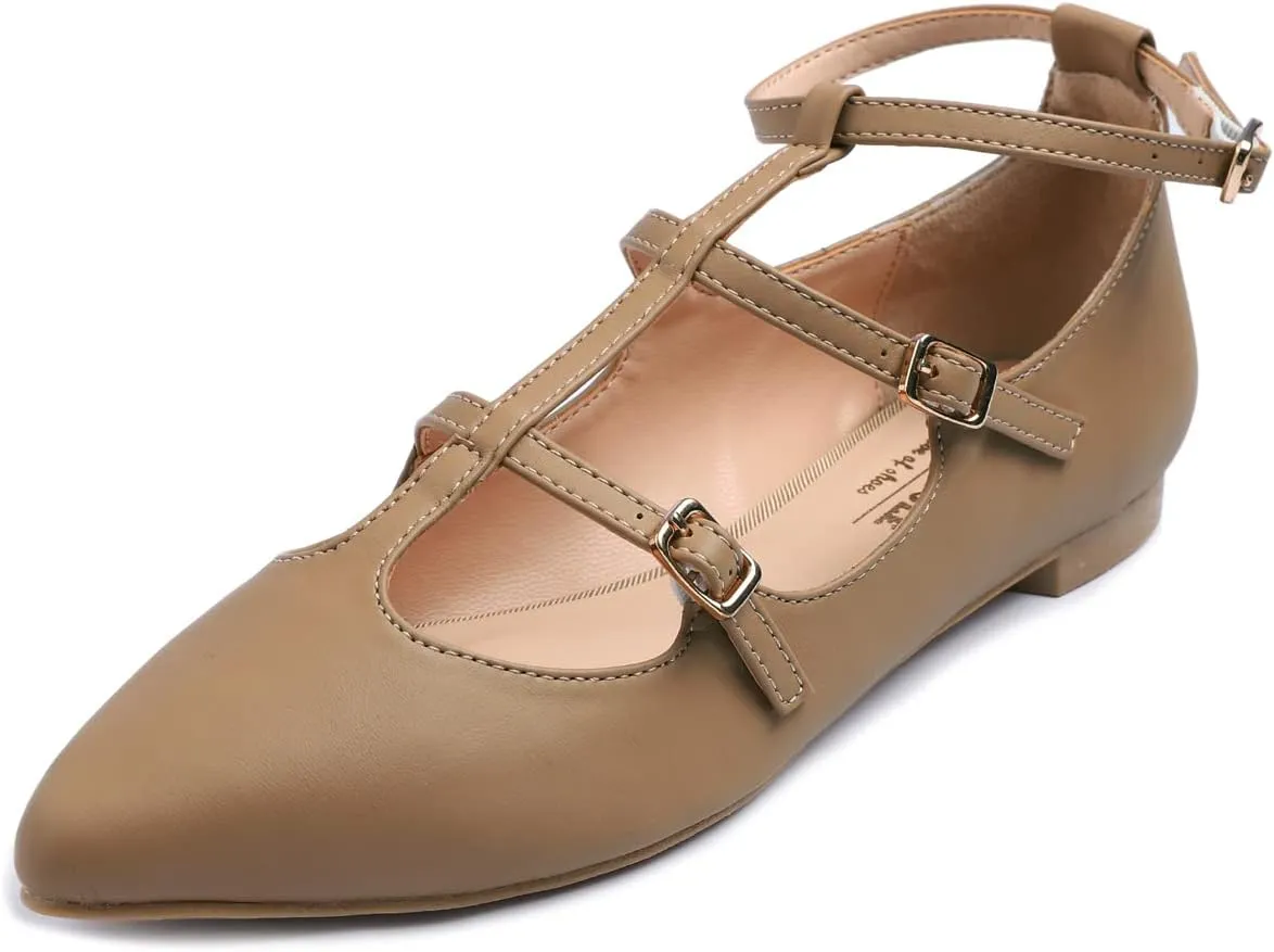 FEVERSOLE Women's Pointed Mary Jane Shoes Fashion Strap Buckle Slip On Flats