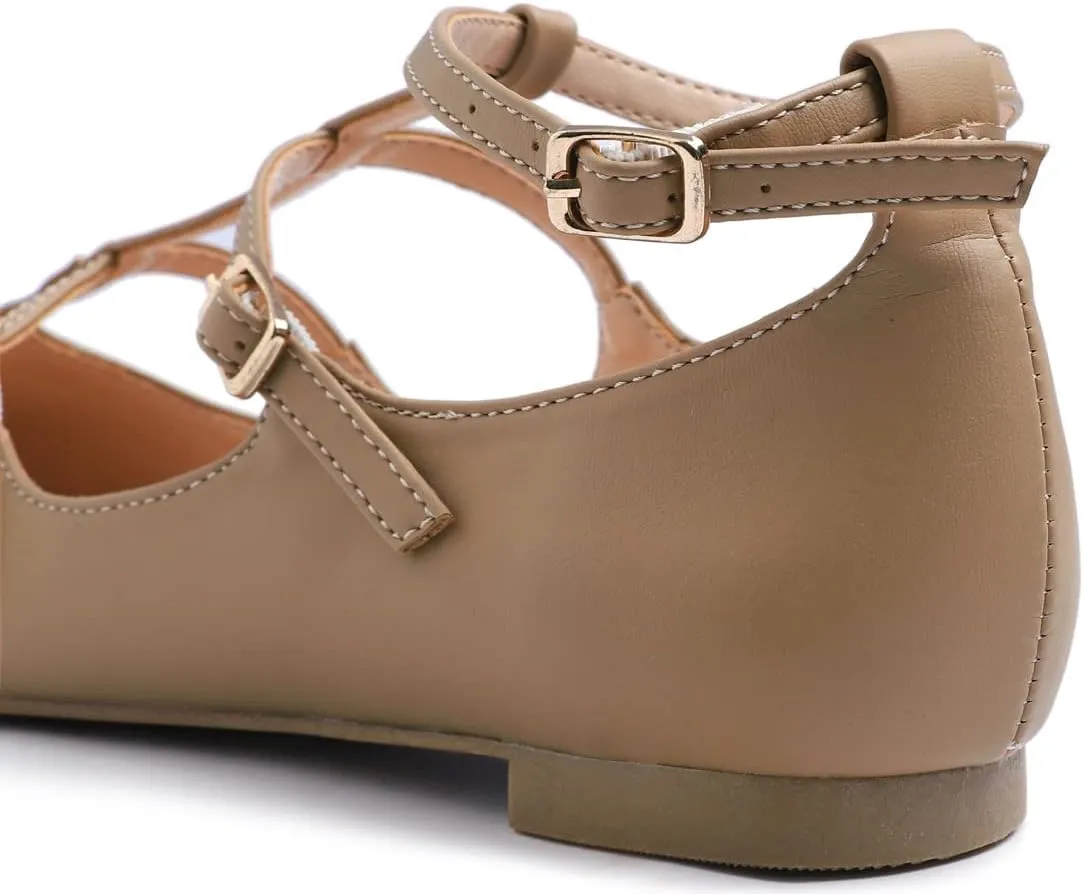FEVERSOLE Women's Pointed Mary Jane Shoes Fashion Strap Buckle Slip On Flats