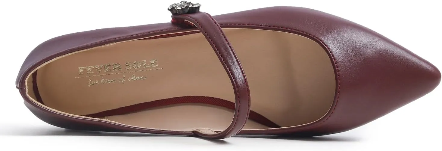 FEVERSOLE Women's Pointed Mary Jane Shoes Fashion Strap Buckle Slip On Flats