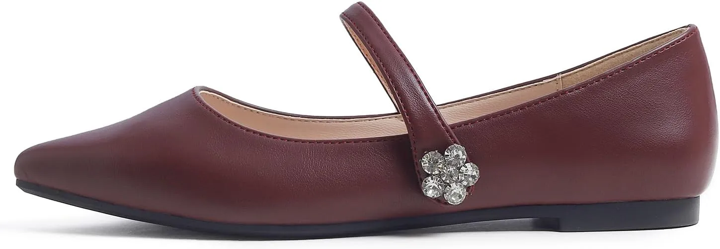 FEVERSOLE Women's Pointed Mary Jane Shoes Fashion Strap Buckle Slip On Flats