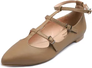FEVERSOLE Women's Pointed Mary Jane Shoes Fashion Strap Buckle Slip On Flats