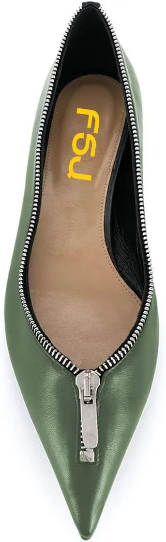 FSJ Women Fashion Ballet Slip on Pointed Closed Toe Pumps Flats Slide Leather Sandals Zippers Ladies Dress Shoes Size 4-15 US