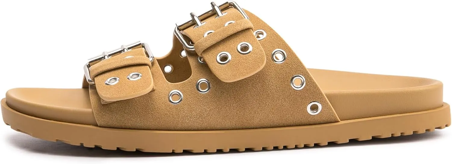 FUNKYMONKEY Women's Eyelets Adjustable Double Strap Slides Slip On Comfort Flat Sandals for Summer