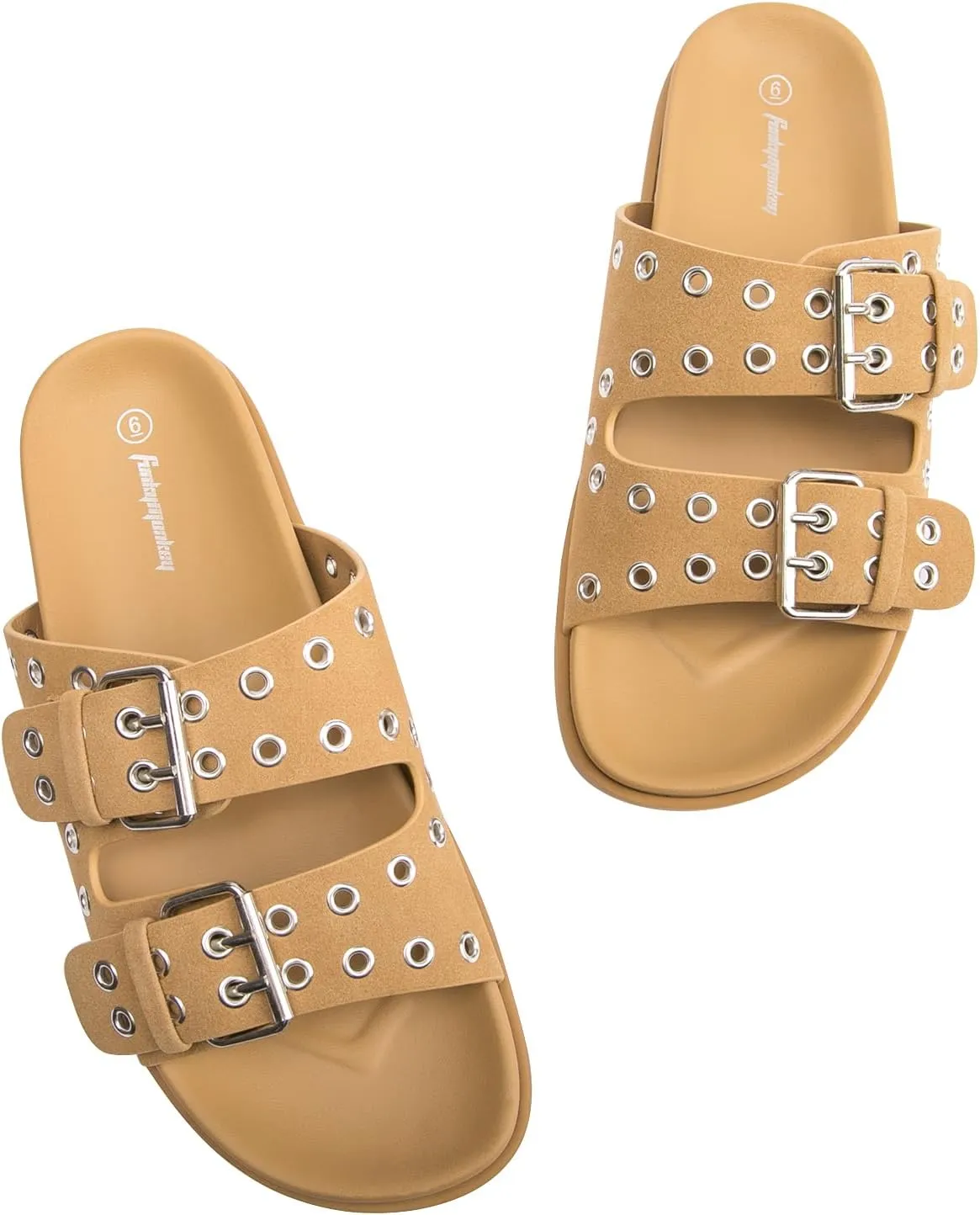 FUNKYMONKEY Women's Eyelets Adjustable Double Strap Slides Slip On Comfort Flat Sandals for Summer