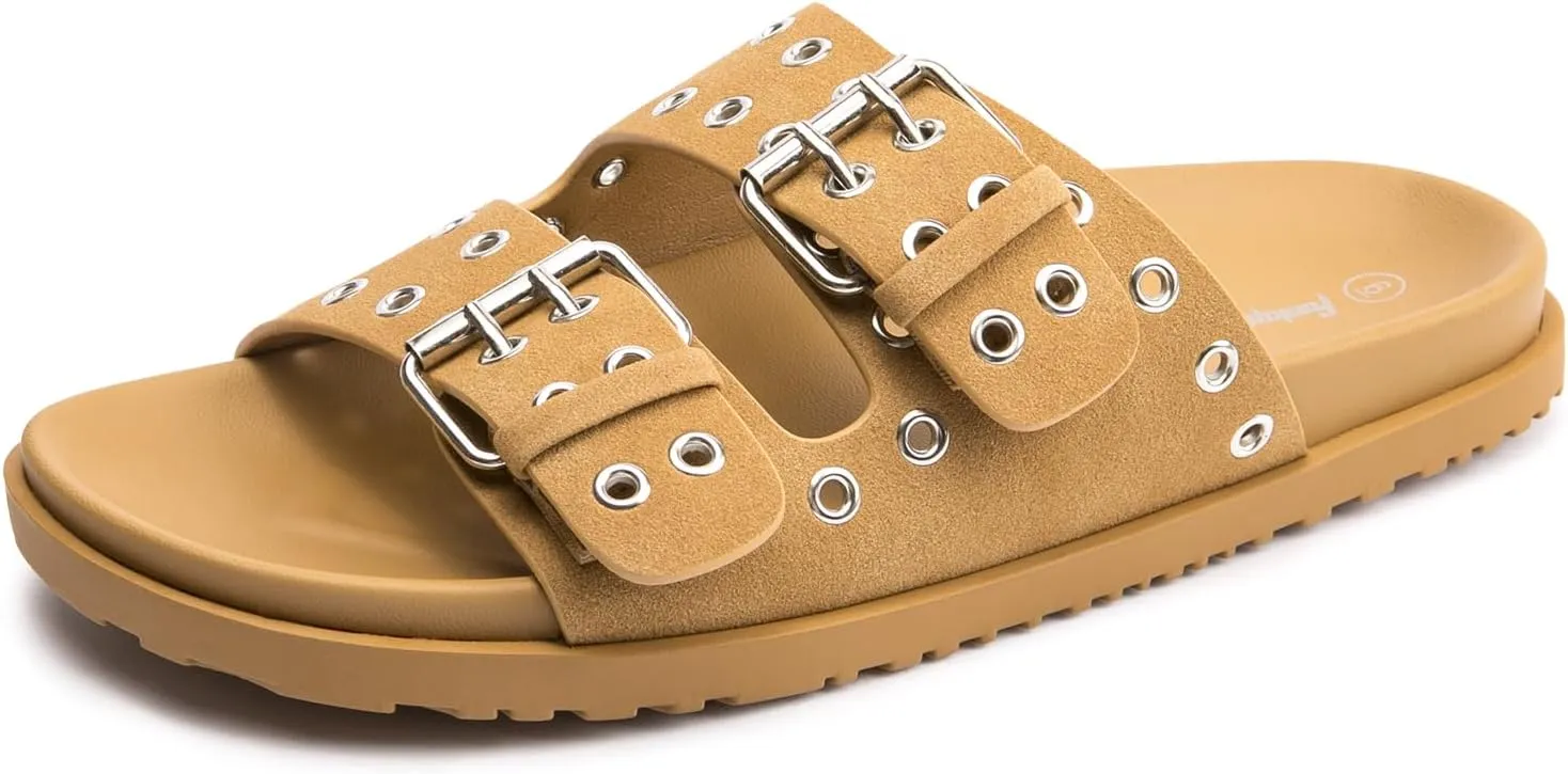 FUNKYMONKEY Women's Eyelets Adjustable Double Strap Slides Slip On Comfort Flat Sandals for Summer