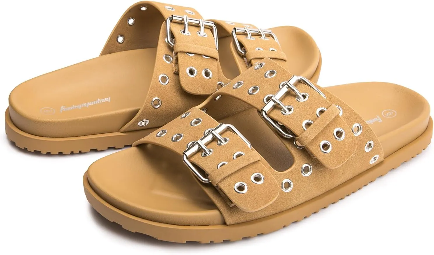FUNKYMONKEY Women's Eyelets Adjustable Double Strap Slides Slip On Comfort Flat Sandals for Summer