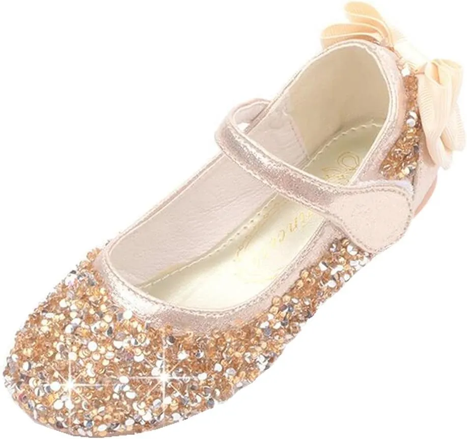 Girl's Adorable Bow Mary Jane Ballet Flat Glitter Princess Flower Girl Wedding Party Dress Shoes(Toddler/Little Kid)