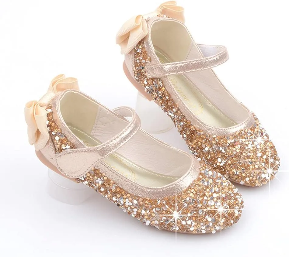 Girl's Adorable Bow Mary Jane Ballet Flat Glitter Princess Flower Girl Wedding Party Dress Shoes(Toddler/Little Kid)