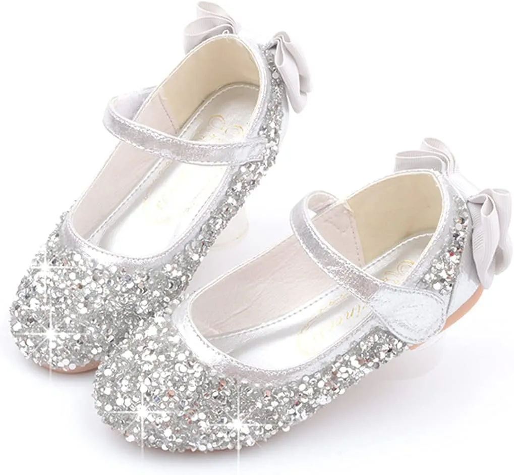 Girl's Adorable Bow Mary Jane Ballet Flat Glitter Princess Flower Girl Wedding Party Dress Shoes(Toddler/Little Kid)