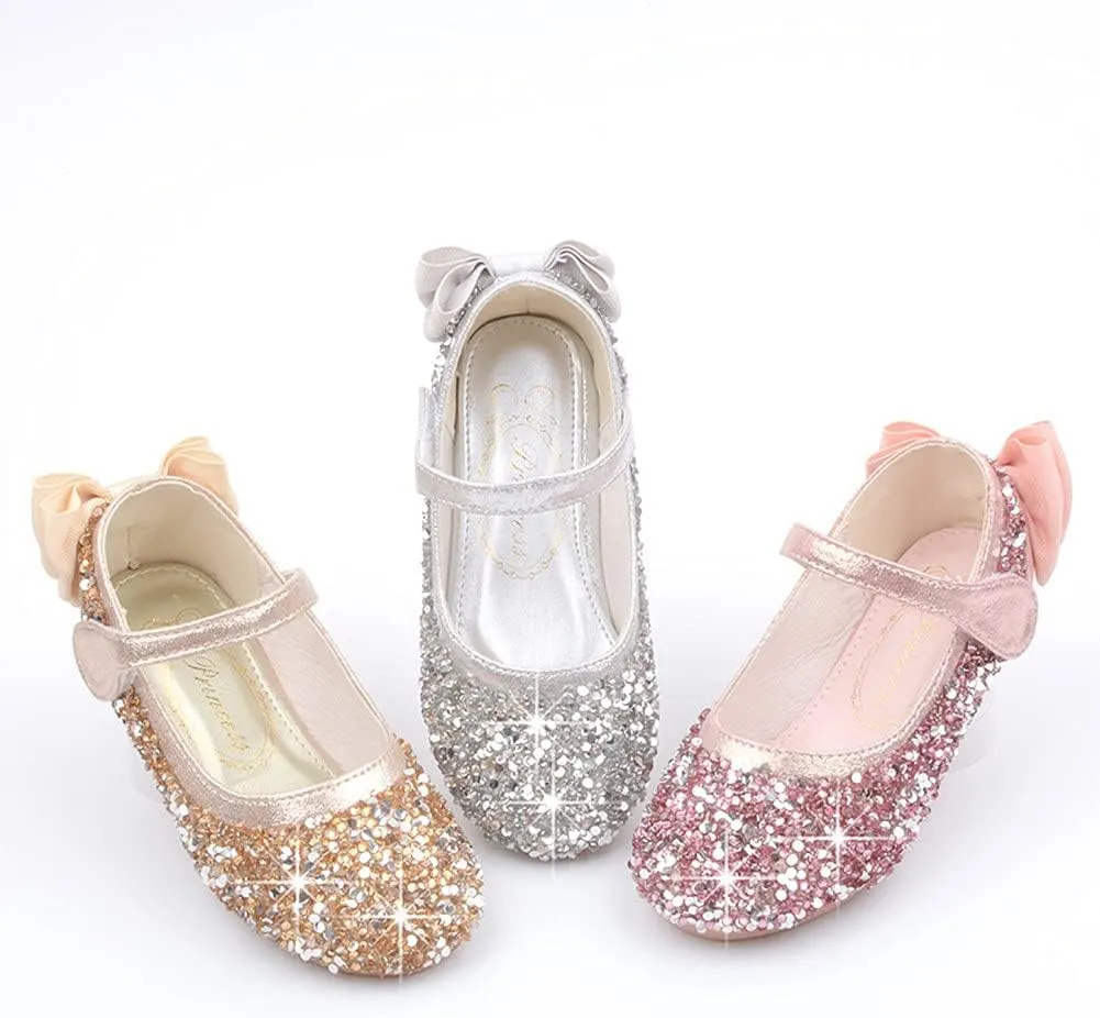 Girl's Adorable Bow Mary Jane Ballet Flat Glitter Princess Flower Girl Wedding Party Dress Shoes(Toddler/Little Kid)