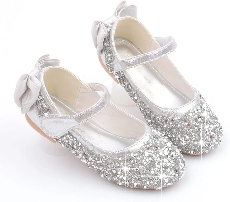Girl's Adorable Bow Mary Jane Ballet Flat Glitter Princess Flower Girl Wedding Party Dress Shoes(Toddler/Little Kid)