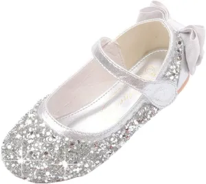 Girl's Adorable Bow Mary Jane Ballet Flat Glitter Princess Flower Girl Wedding Party Dress Shoes(Toddler/Little Kid)