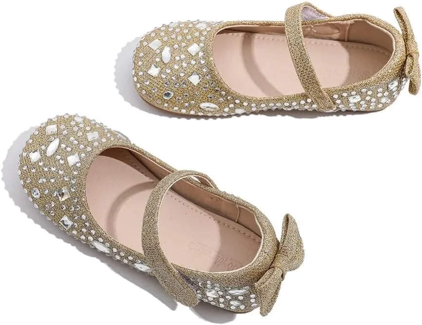 Girls Mary Jane Ballet Ballerina Flats Wedding Party Rhinestone Studded Slip On Princess Dress Shoes for Toddler Little/Big Kid