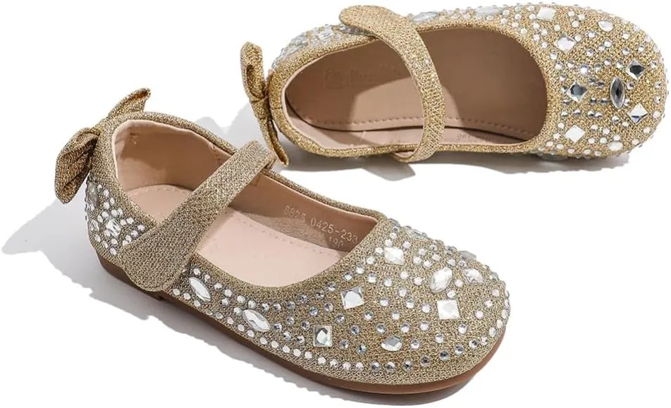 Girls Mary Jane Ballet Ballerina Flats Wedding Party Rhinestone Studded Slip On Princess Dress Shoes for Toddler Little/Big Kid