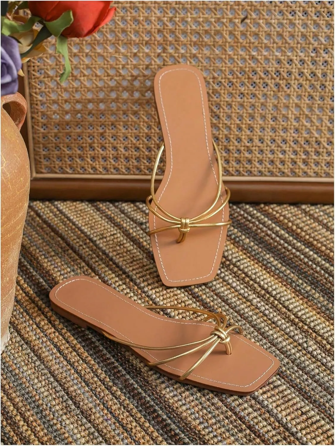 GORGLITTER Women's Strappy Flat Sandals Square Open Toe Flip Flops Comfy Summer Slip On Flat Shoes