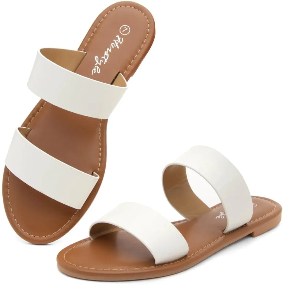 Herstyle Womens Flat Sandals  Two Strap Comfortable Slides with Memory Foam, Trendy 2025 Summer Sandals, Lightweight Slip-On Open Toe Dressy & Casual Slippers for Women