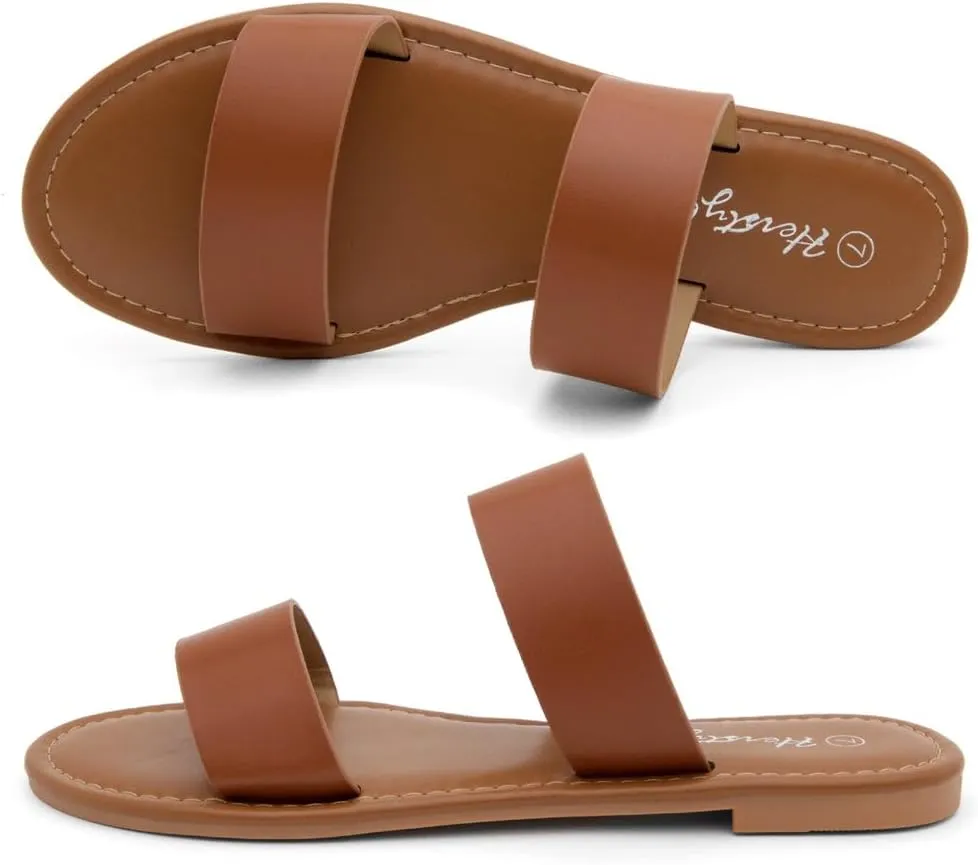Herstyle Womens Flat Sandals  Two Strap Comfortable Slides with Memory Foam, Trendy 2025 Summer Sandals, Lightweight Slip-On Open Toe Dressy & Casual Slippers for Women