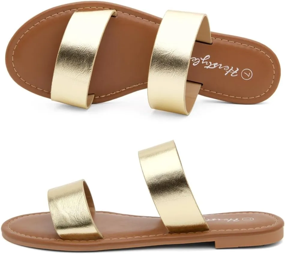 Herstyle Womens Flat Sandals  Two Strap Comfortable Slides with Memory Foam, Trendy 2025 Summer Sandals, Lightweight Slip-On Open Toe Dressy & Casual Slippers for Women