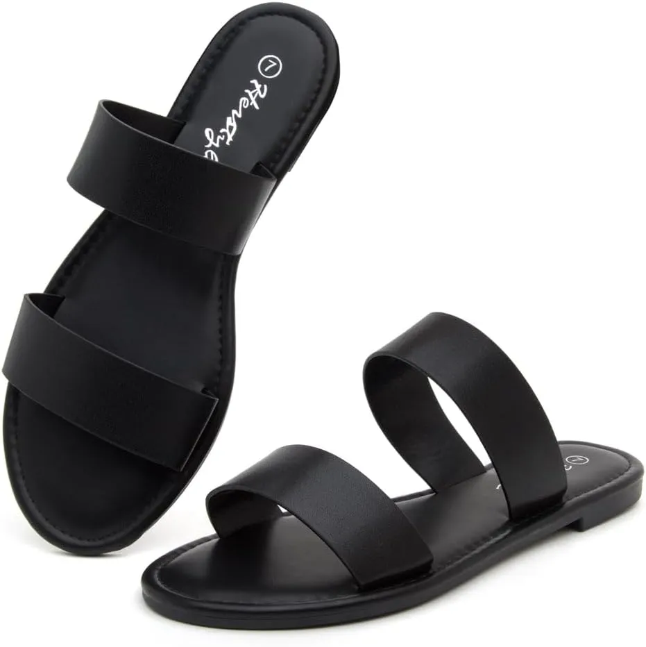 Herstyle Womens Flat Sandals  Two Strap Comfortable Slides with Memory Foam, Trendy 2025 Summer Sandals, Lightweight Slip-On Open Toe Dressy & Casual Slippers for Women