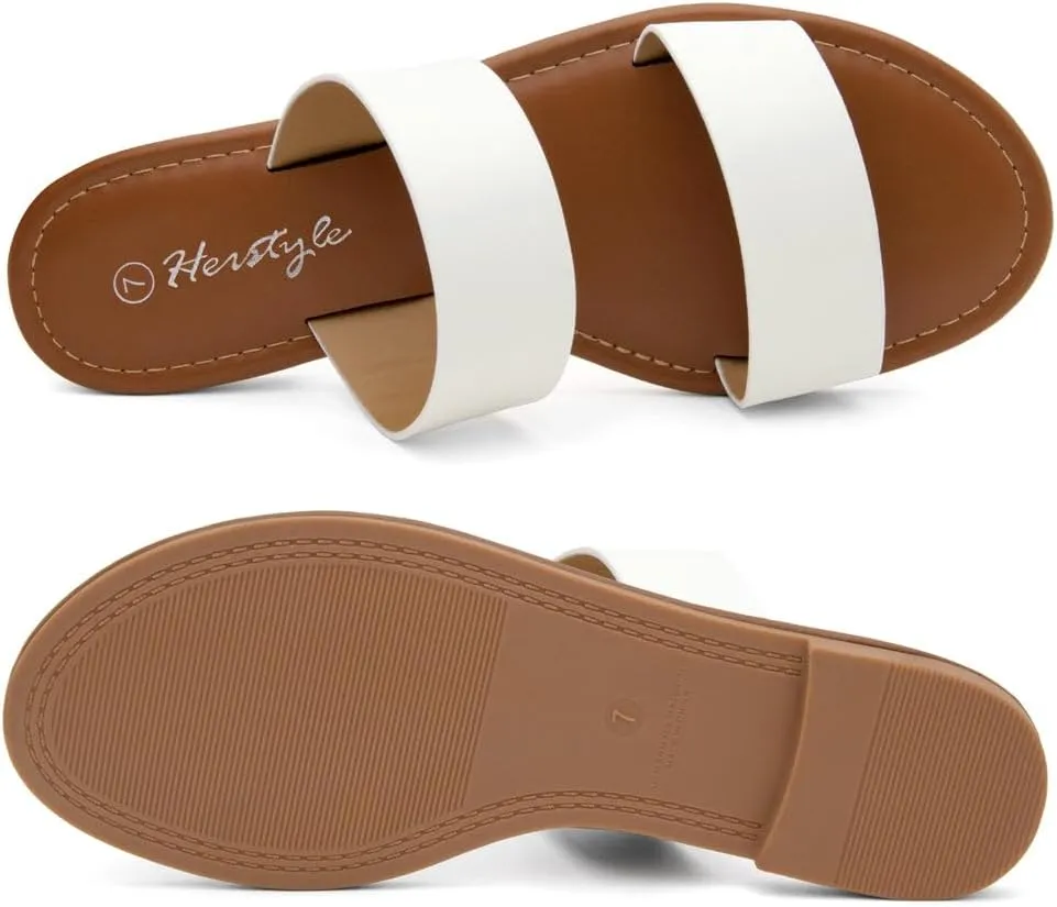 Herstyle Womens Flat Sandals  Two Strap Comfortable Slides with Memory Foam, Trendy 2025 Summer Sandals, Lightweight Slip-On Open Toe Dressy & Casual Slippers for Women