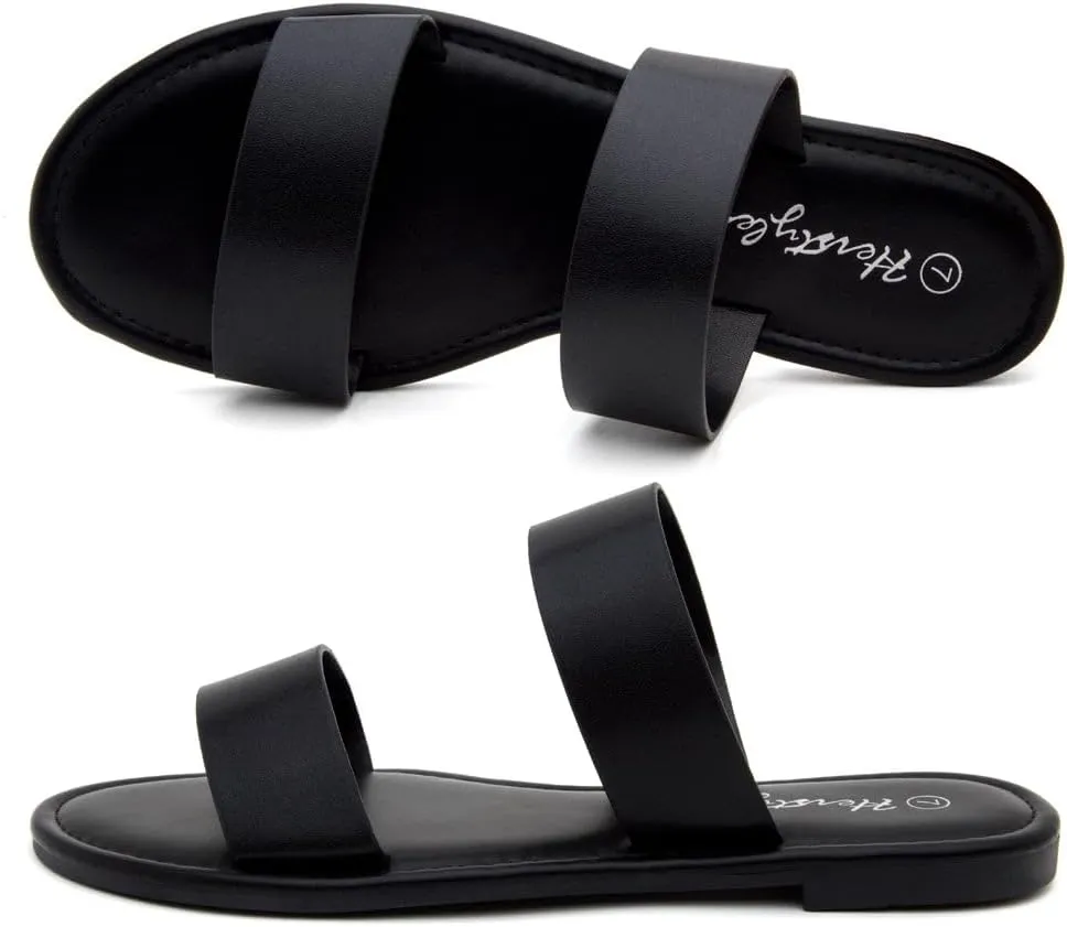 Herstyle Womens Flat Sandals  Two Strap Comfortable Slides with Memory Foam, Trendy 2025 Summer Sandals, Lightweight Slip-On Open Toe Dressy & Casual Slippers for Women