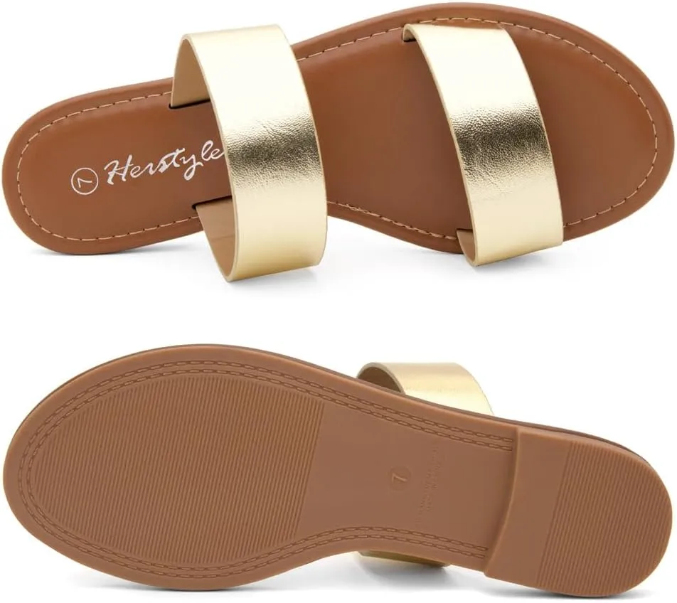 Herstyle Womens Flat Sandals  Two Strap Comfortable Slides with Memory Foam, Trendy 2025 Summer Sandals, Lightweight Slip-On Open Toe Dressy & Casual Slippers for Women