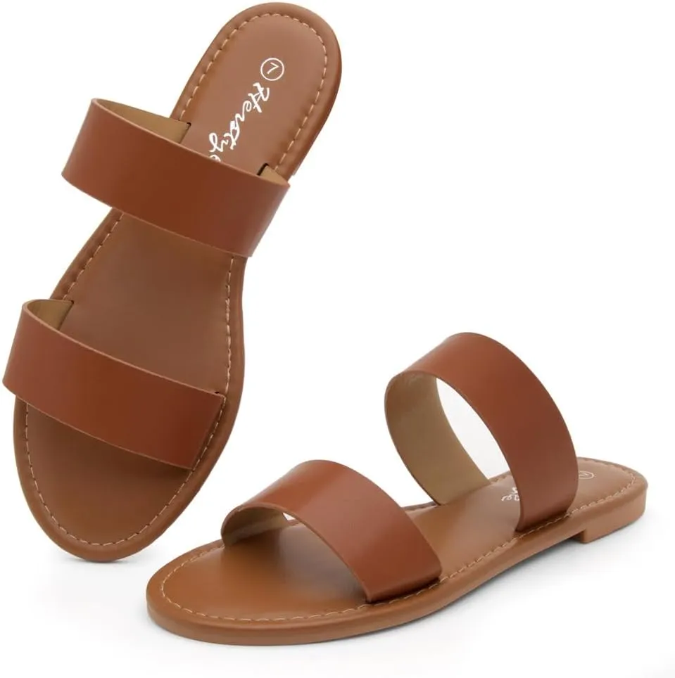 Herstyle Womens Flat Sandals  Two Strap Comfortable Slides with Memory Foam, Trendy 2025 Summer Sandals, Lightweight Slip-On Open Toe Dressy & Casual Slippers for Women