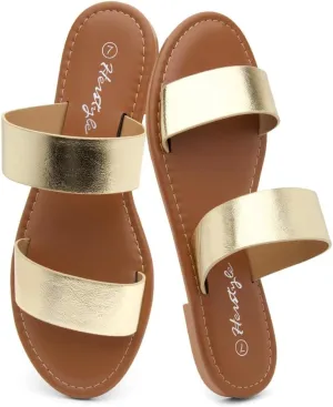 Herstyle Womens Flat Sandals  Two Strap Comfortable Slides with Memory Foam, Trendy 2025 Summer Sandals, Lightweight Slip-On Open Toe Dressy & Casual Slippers for Women