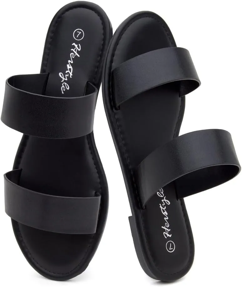 Herstyle Womens Flat Sandals  Two Strap Comfortable Slides with Memory Foam, Trendy 2025 Summer Sandals, Lightweight Slip-On Open Toe Dressy & Casual Slippers for Women