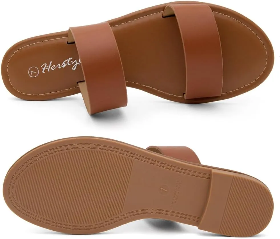 Herstyle Womens Flat Sandals  Two Strap Comfortable Slides with Memory Foam, Trendy 2025 Summer Sandals, Lightweight Slip-On Open Toe Dressy & Casual Slippers for Women