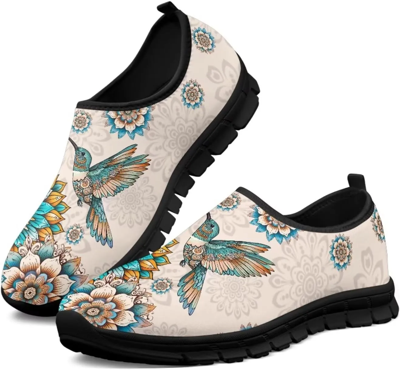 Hummingbirds Print Soft Loafers for Women Casual Trekking Mesh Shoes Non-Slip Walking Flat Shoes for All Seasons