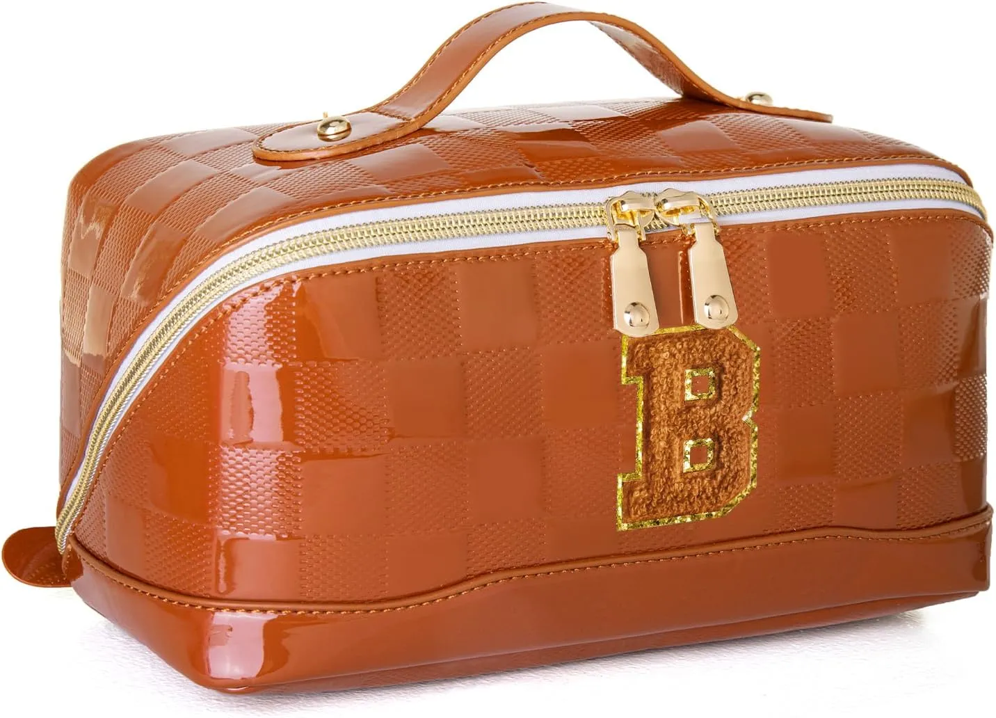 Initial Makeup Bag Large Capacity Travel Cosmetic Bag for Women PU Leather Open Flat Toiletry Bag with Handle and Divider Personalized Gifts for Women (Brown B)
