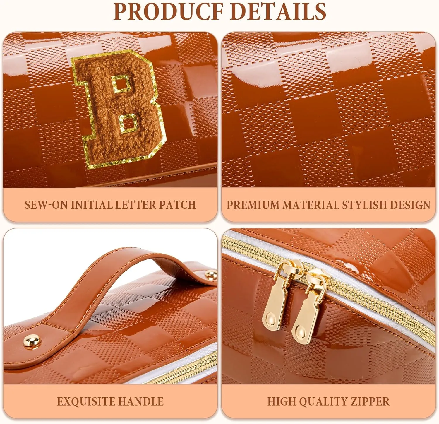 Initial Makeup Bag Large Capacity Travel Cosmetic Bag for Women PU Leather Open Flat Toiletry Bag with Handle and Divider Personalized Gifts for Women (Brown B)