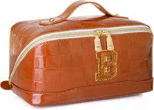 Initial Makeup Bag Large Capacity Travel Cosmetic Bag for Women PU Leather Open Flat Toiletry Bag with Handle and Divider Personalized Gifts for Women (Brown B)