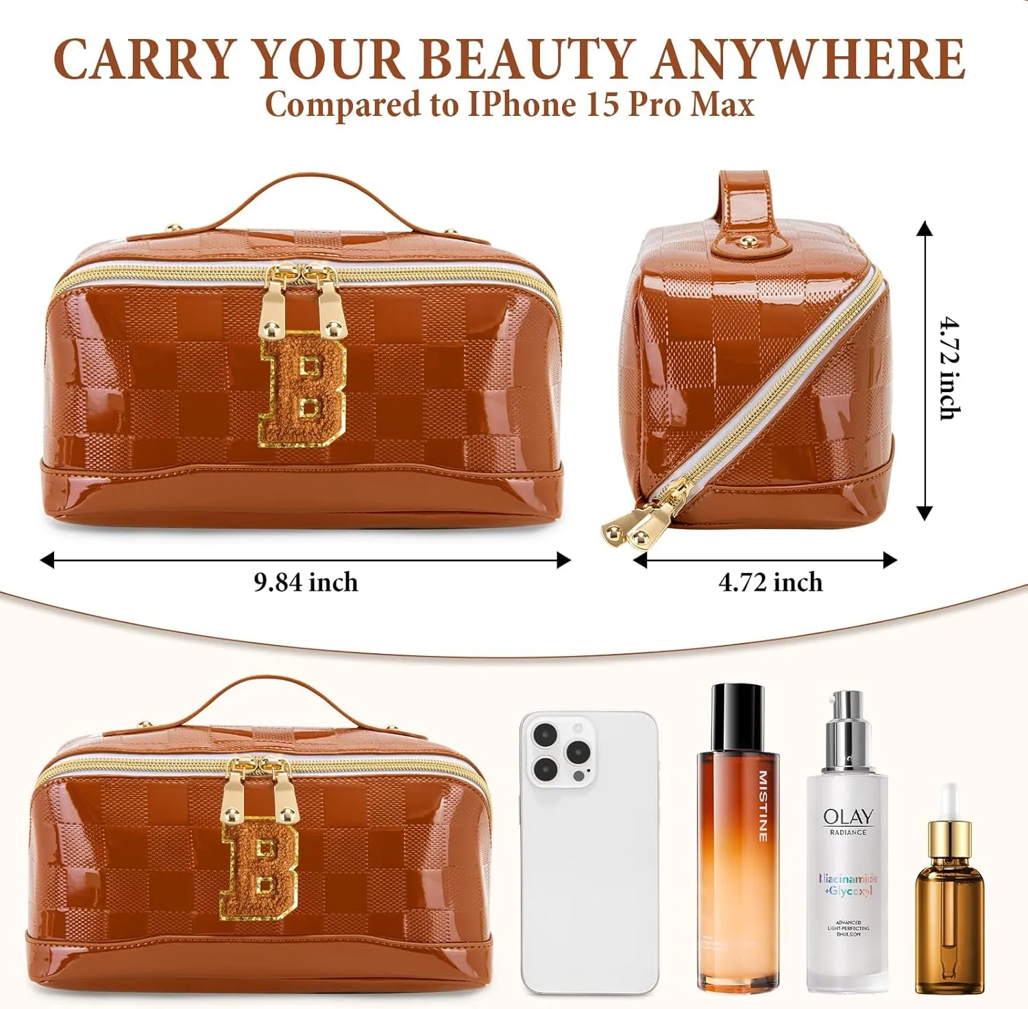 Initial Makeup Bag Large Capacity Travel Cosmetic Bag for Women PU Leather Open Flat Toiletry Bag with Handle and Divider Personalized Gifts for Women (Brown B)