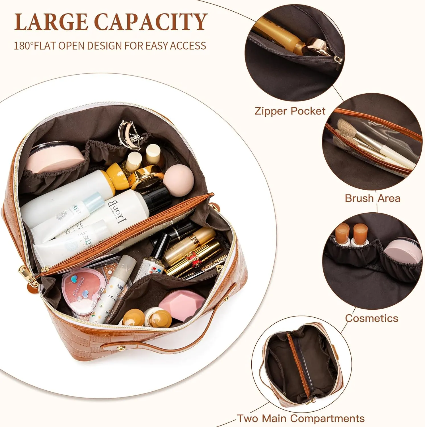 Initial Makeup Bag Large Capacity Travel Cosmetic Bag for Women PU Leather Open Flat Toiletry Bag with Handle and Divider Personalized Gifts for Women (Brown B)