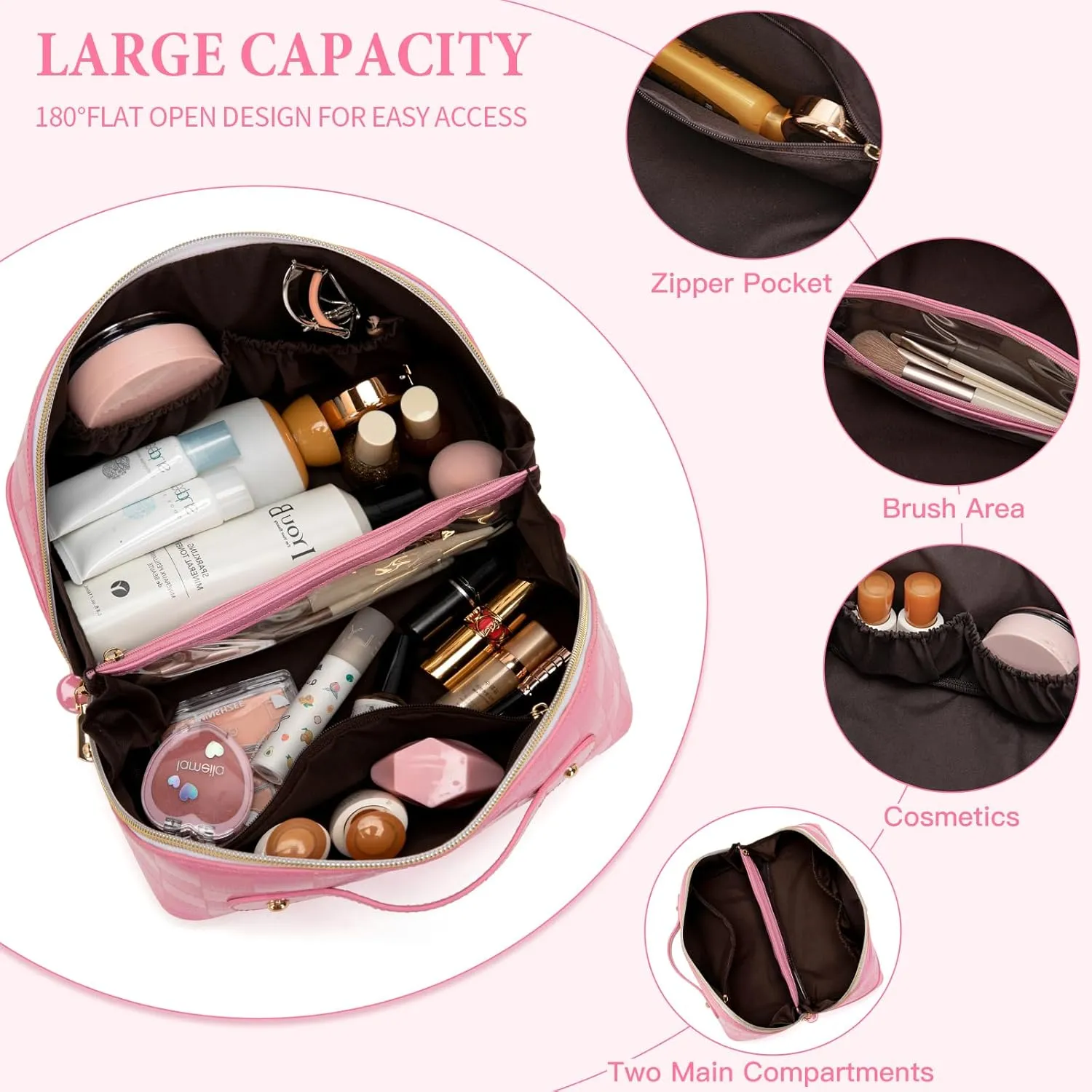 Initial Makeup Bag Large Capacity Travel Cosmetic Bag for Women PU Leather Open Flat Toiletry Bag with Handle and Divider Personalized Gifts for Women (Pink A)